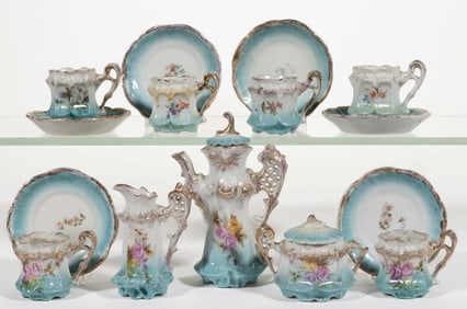 R.S. PRUSSIA-STYLE PORCELAIN FLORAL MOTIF CHILDREN'S TOY 15-PIECE COFFEE  SET