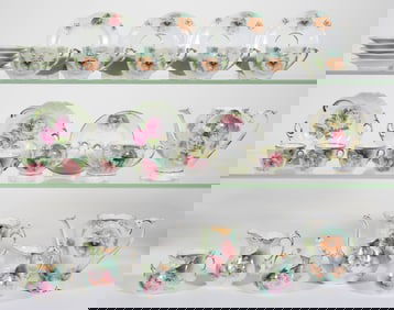 R.S. PRUSSIA PORCELAIN GREEN-ACCENTED FLORAL MOTIF PARTIAL CHILDREN'S TEA SETS, 30 PIECES TOTAL