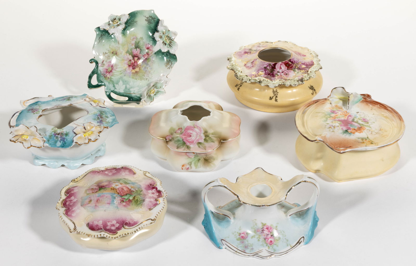 R.S. PRUSSIA AND OTHER RELATED PORCELAIN FLORAL MOTIF DRESSER ARTICLES, LOT OF SEVEN (1 of 1)