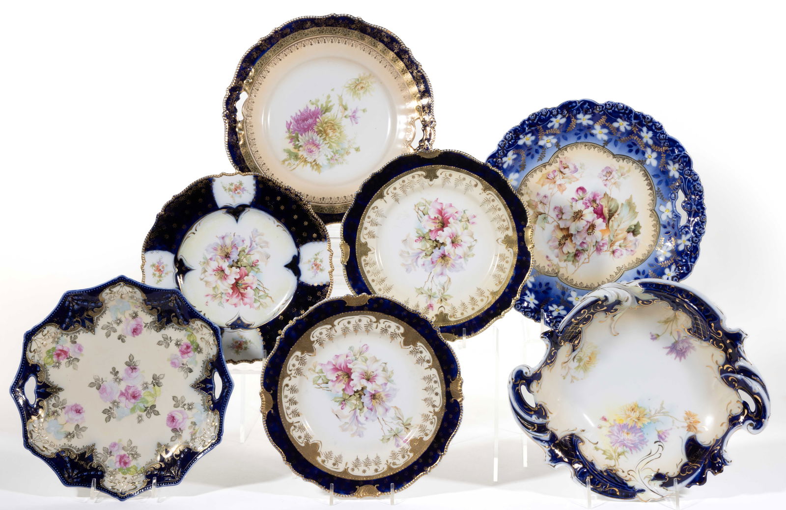 R.S. GERMANY / PRUSSIA COBALT-DECORATED FLORAL MOTIF TABLE ARTICLES, LOT OF SEVEN (1 of 1)