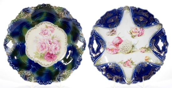 R.S. PRUSSIA PORCELAIN COBALT-DECORATED FLORAL MOTIF CAKE PLATES, LOT OF TWO