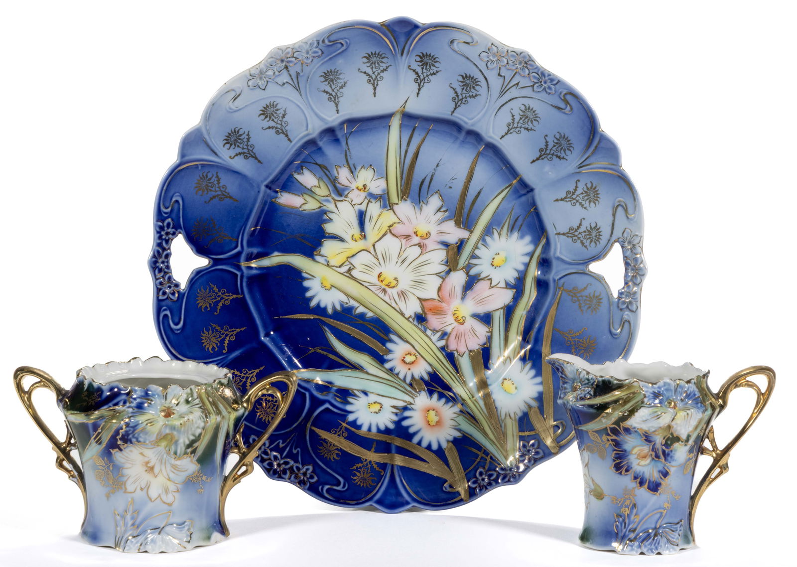 R.S. GERMANY / PRUSSIA PORCELAIN COBALT-DECORATED FLORAL MOTIF ARTICLES, LOT OF THREE (1 of 3)