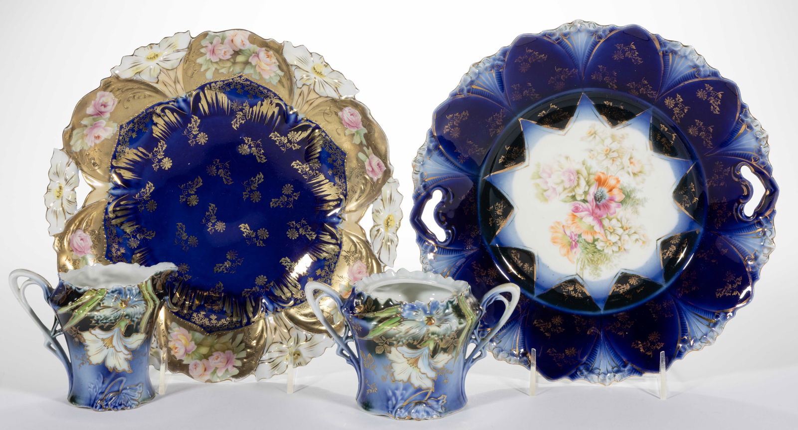 R.S. PRUSSIA PORCELAIN COBALT-DECORATED FLORAL MOTIF ARTICLES, LOT OF FOUR (1 of 1)