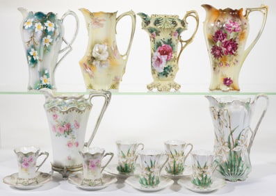 R.S. PRUSSIA PORCELAIN FLORAL MOTIF CHOCOLATE ARTICLES, LOT OF 18