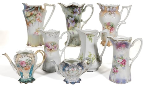 R.S. PRUSSIA PORCELAIN FLORAL MOTIF CHOCOLATE AND TEA POTS, LOT OF EIGHT