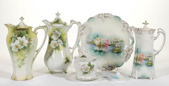 R.S. PRUSSIA PORCELAIN FLORAL MOTIF ARTICLES, LOT OF SIX