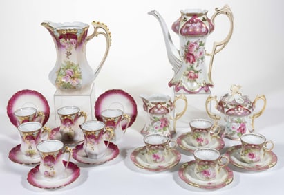 R.S. GERMANY / PRUSSIA PORCELAIN FLORAL MOTIF CHOCOLATE AND COFFEE ARTICLES, LOT OF 14