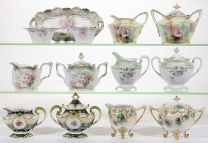 R.S. PRUSSIA PORCELAIN FLORAL MOTIF CREAMER AND SUGAR BOWL SETS, LOT OF SIX
