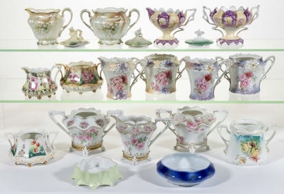 R.S. PRUSSIA PORCELAIN FLORAL MOTIF TEA AND OTHER ARTICLES, LOT OF 20