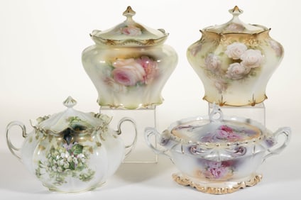 R.S. PRUSSIA AND OTHER PORCELAIN FLORAL MOTIF COVERED JARS, LOT OF FOUR