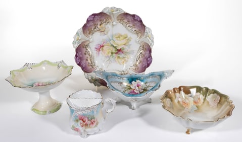 R.S. PRUSSIA PORCELAIN FLORAL MOTIF FOOTED ARTICLES, LOT OF FIVE