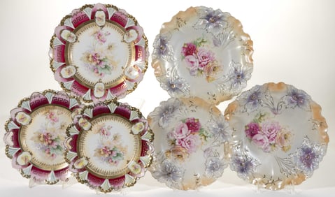 R.S. PRUSSIA PORCELAIN FLORAL MOTIF PLATES, LOT OF SIX