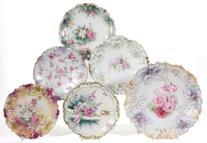 R.S. PRUSSIA PORCELAIN FLORAL MOTIF PLATES, LOT OF SIX