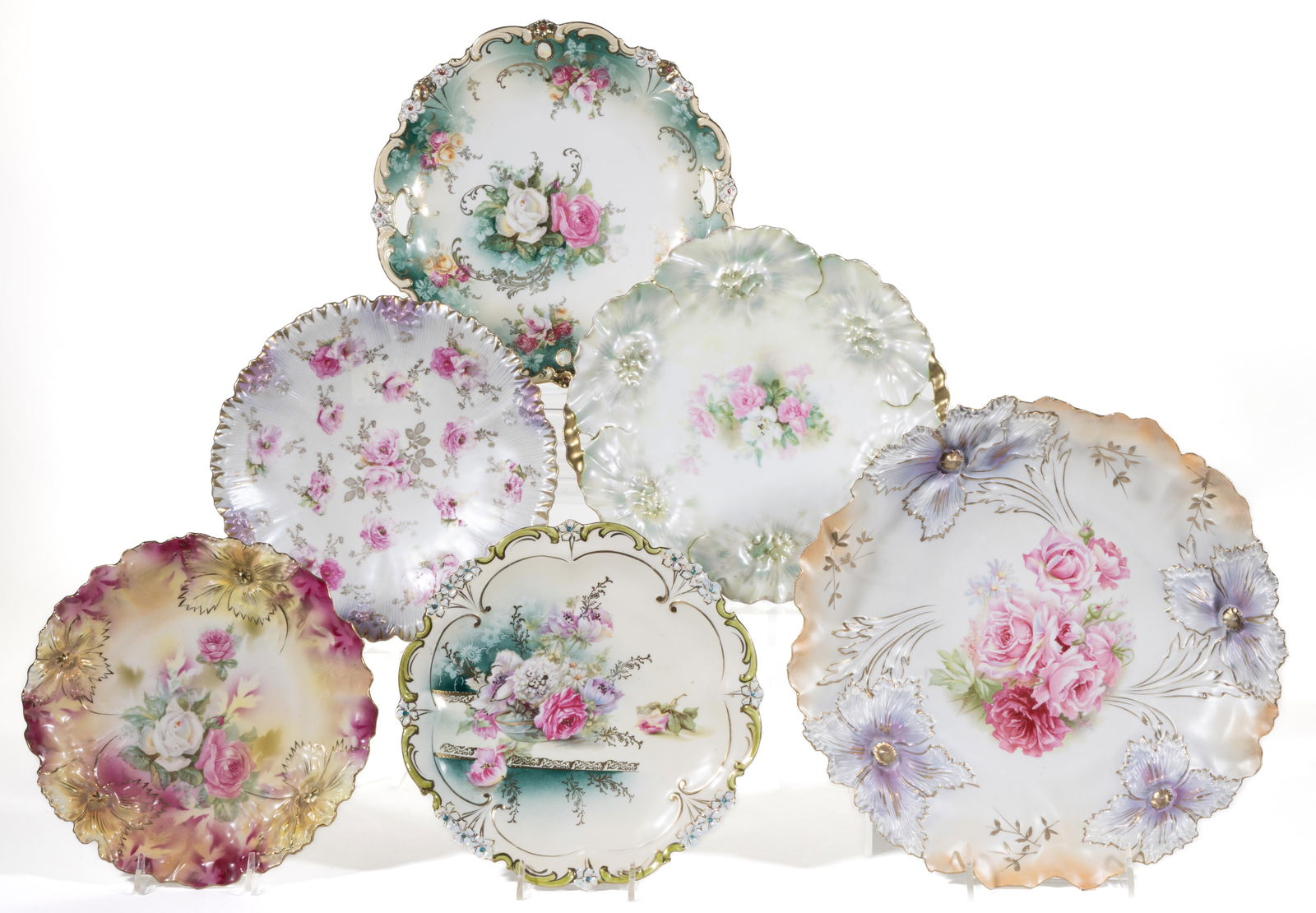 R.S. PRUSSIA PORCELAIN FLORAL MOTIF PLATES, LOT OF SIX (1 of 1)
