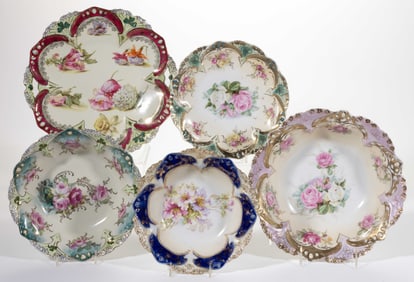R.S. PRUSSIA PORCELAIN SHAMROCK AND JEWEL MOTIF TABLE ARTICLES, LOT OF FIVE