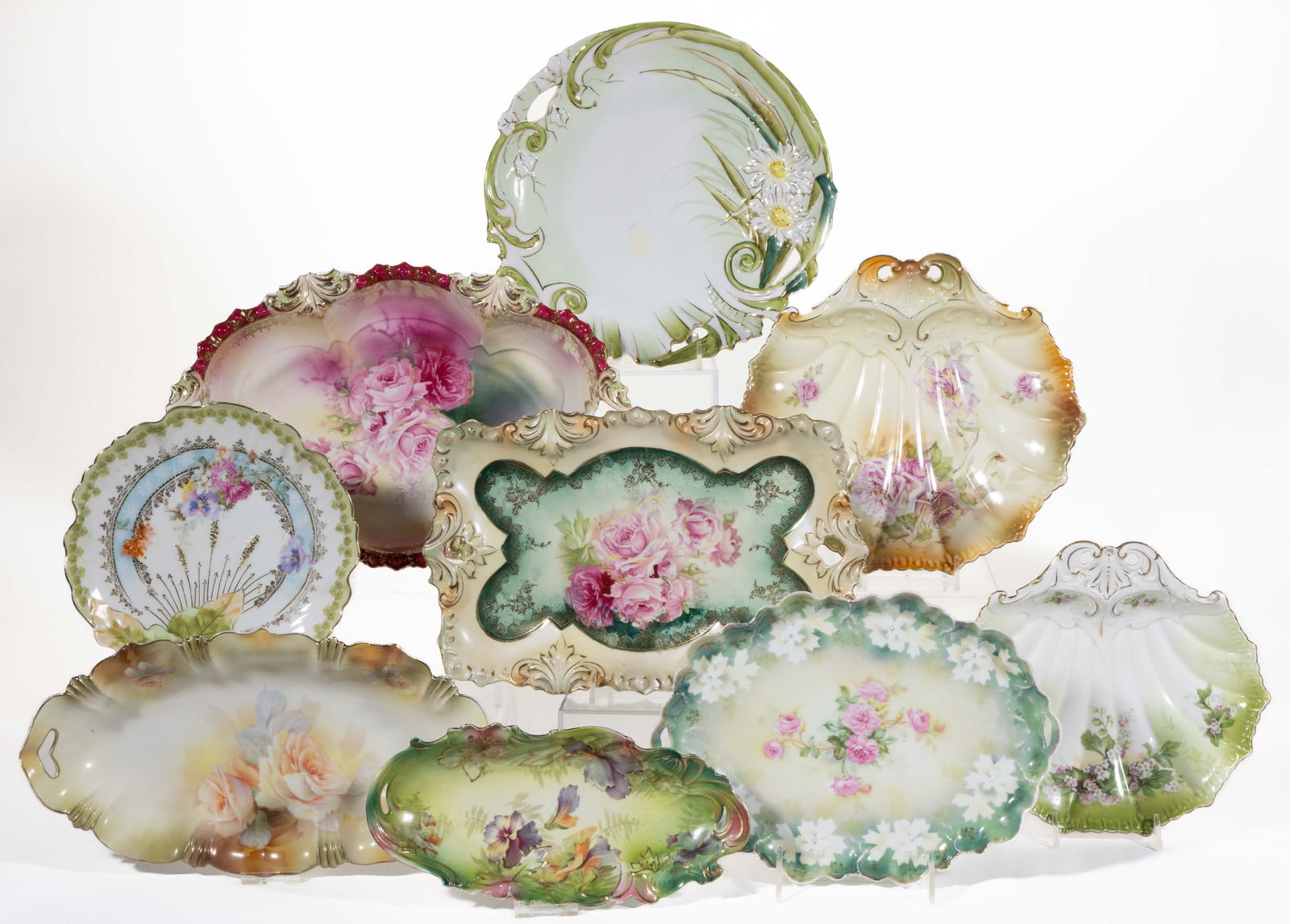 R.S. PRUSSIA PORCELAIN FLORAL MOTIF TRAYS AND OTHER TABLE ARTICLES, LOT OF NINE (1 of 1)