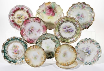 R.S. GERMANY / PRUSSIA PORCELAIN FLORAL MOTIF PLATES, LOT OF 11