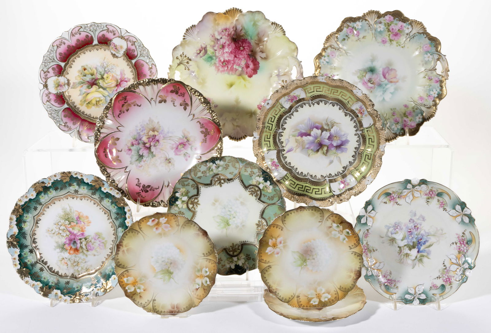 R.S. GERMANY / PRUSSIA PORCELAIN FLORAL MOTIF PLATES, LOT OF 11 (1 of 1)