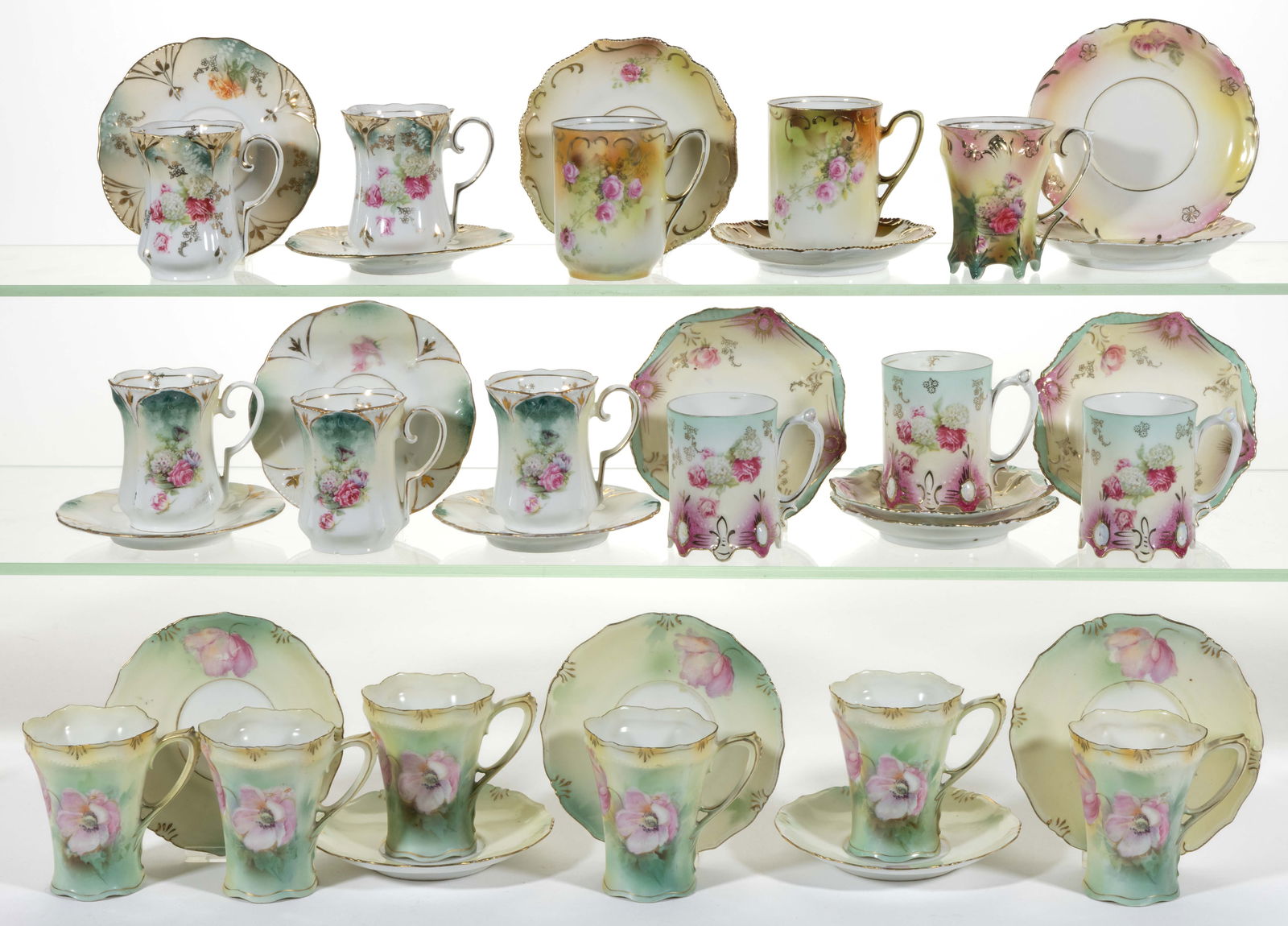 R.S. PRUSSIA PORCELAIN FLORAL MOTIF CUPS AND SAUCERS, LOT OF 35 (1 of 1)