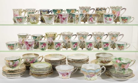 R.S. GERMANY / PRUSSIA PORCELAIN FLORAL MOTIF ASSORTED CUPS AND SAUCERS, UNCOUNTED LOT