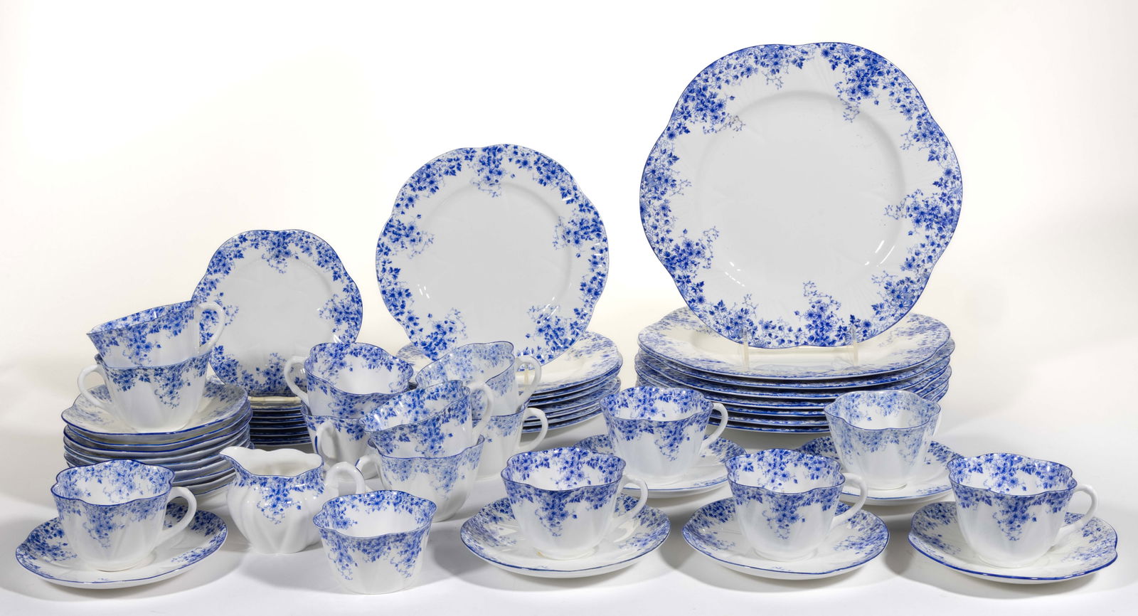 ENGLISH SHELLEY CHINA "DAINTY BLUE" 55-PIECE TEA AND TABLE PARTIAL SET (1 of 1)