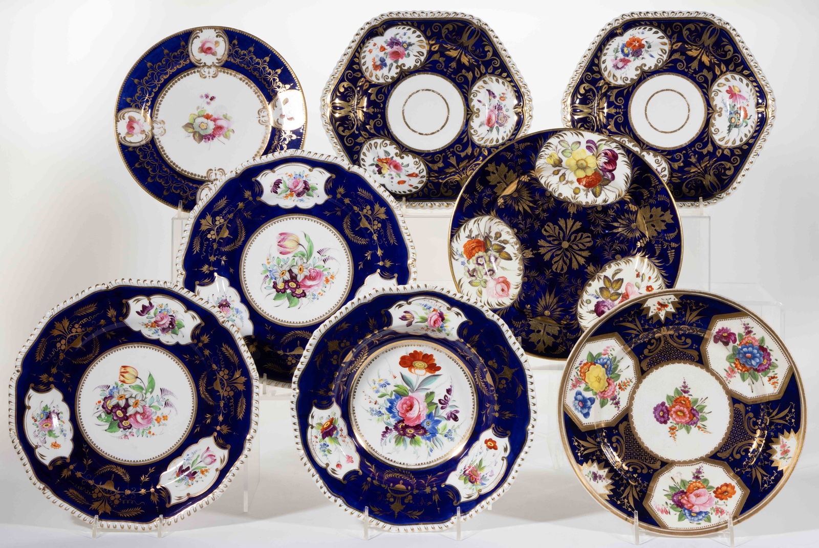 ENGLISH HAND-PAINTED FLORAL MOTIF PORCELAIN PLATES, LOT OF EIGHT (1 of 1)