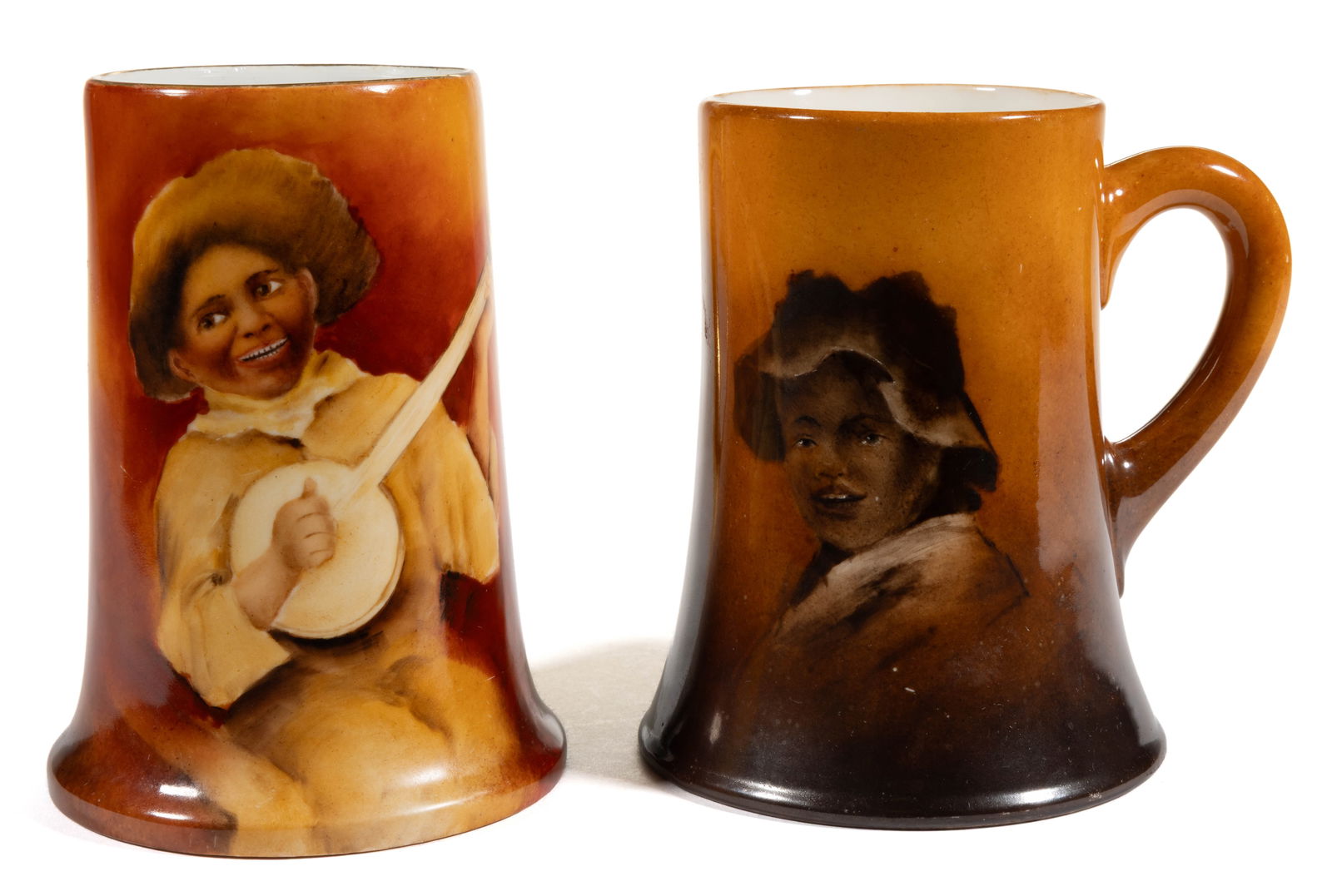FRENCH LIMOGES AND AMERICAN PORCELAIN HAND-PAINTED BLACK AMERICANA MUGS / TANKARDS, LOT OF TWO (1 of 3)