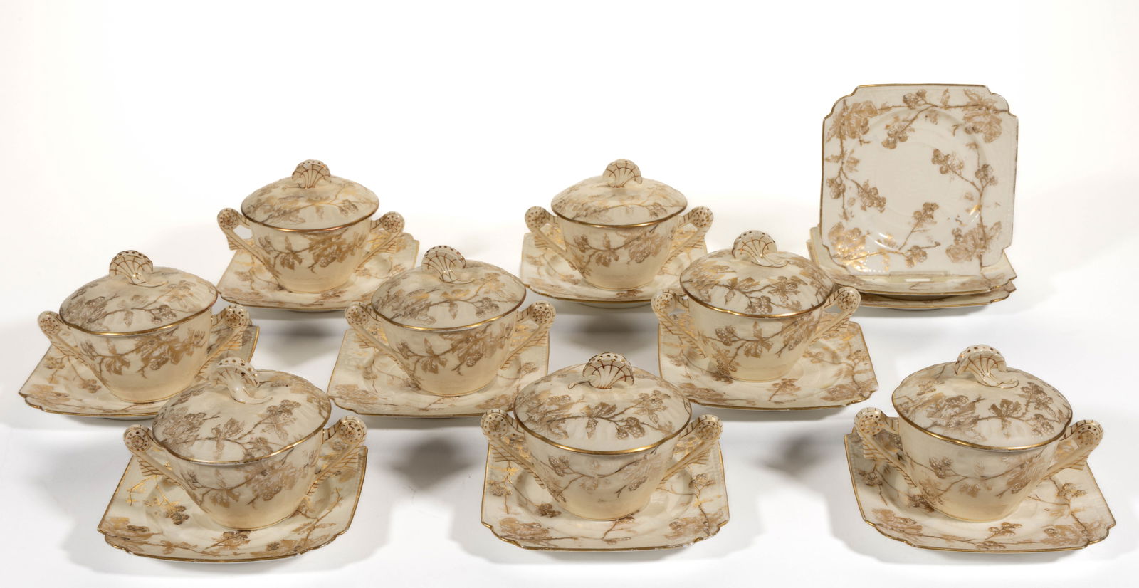 FRENCH LIMOGES PORCELAIN BERRY MOTIF BOUILLON COVERED CUPS AND SAUCERS, LOT OF 19 (1 of 1)