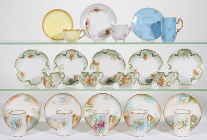 FRENCH LIMOGES PORCELAIN CUP AND SAUCER SETS, LOT OF 12