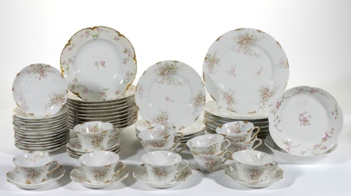FRENCH HAVILAND LIMOGES PORCELAIN SCHLEIGER PINK FLORAL MOTIF TEA AND TABLE ARTICLES, LOT OF 58