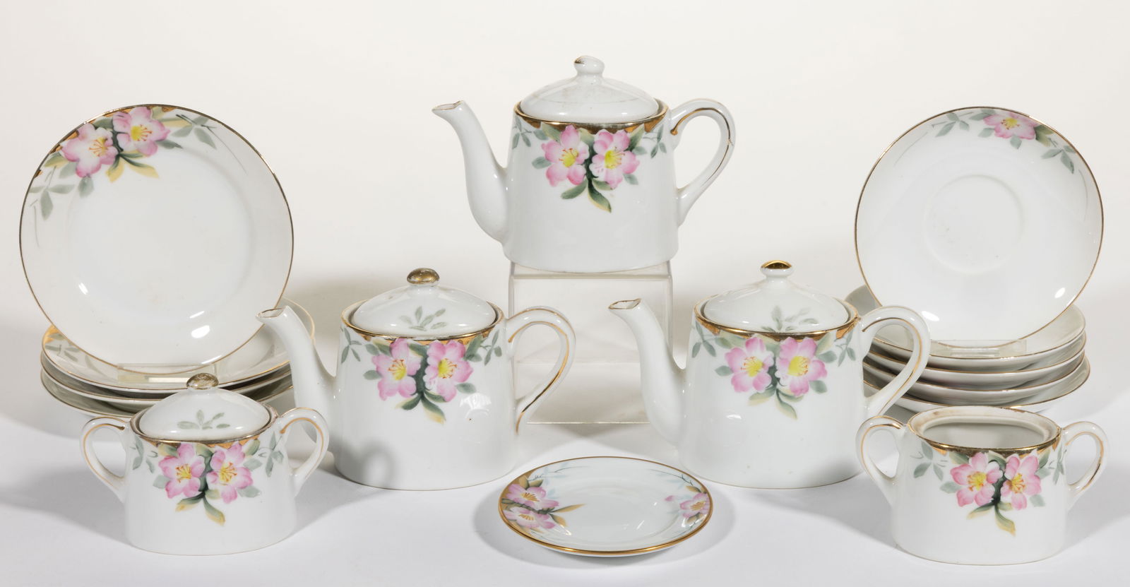 JAPANESE NORITAKE CHINA HAND-PAINTED AZALEA CHILDREN'S TEA ARTICLES, LOT OF 15 (1 of 1)