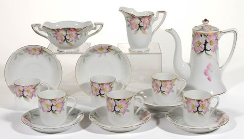 JAPANESE NORITAKE CHINESE HAND-PAINTED AZALEA NINE-PIECE DEMITASSE SET