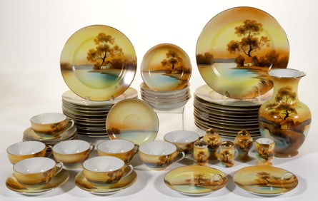 JAPANESE NORITAKE CHINA HAND-PAINTED TREE IN THE MEADOW TEA AND TABLE ARTICLES, LOT OF 46