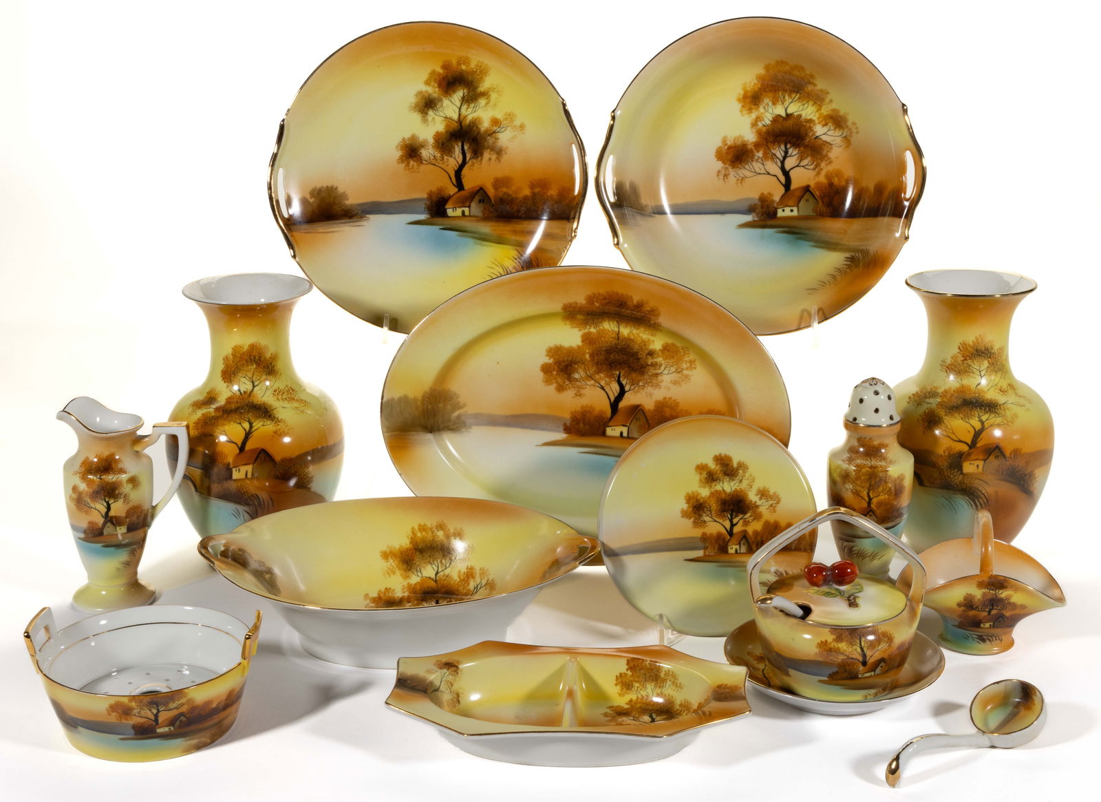 JAPANESE NORITAKE CHINA HAND-PAINTED TREE IN THE MEADOW ARTICLES, LOT OF 14 (1 of 1)