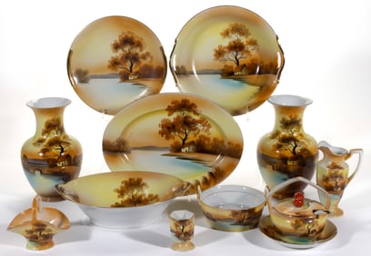 JAPANESE NORITAKE CHINA HAND-PAINTED TREE IN THE MEADOW ARTICLES, LOT OF 11