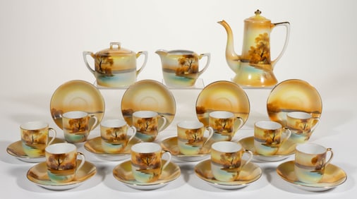 JAPANESE NORITAKE CHINA HAND-PAINTED TREE IN THE MEADOW 27-PIECE COFFEE SET