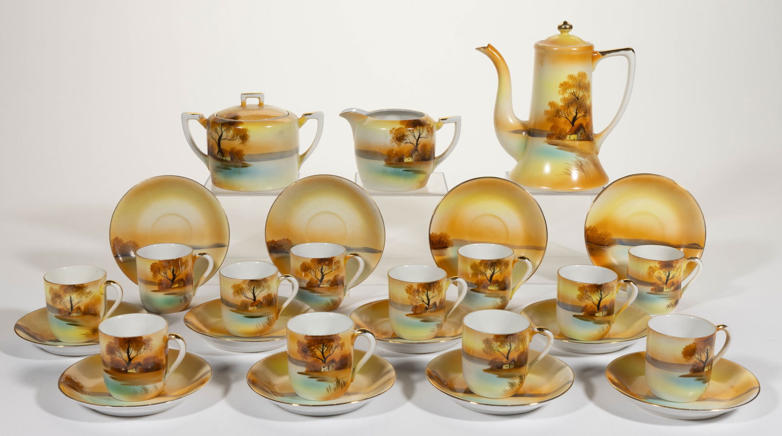 JAPANESE NORITAKE CHINA HAND-PAINTED TREE IN THE MEADOW 27-PIECE COFFEE SET (1 of 1)