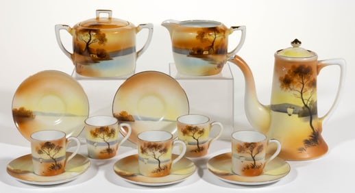 JAPANESE NORITAKE CHINA HAND-PAINTED TREE IN THE MEADOW AND OTHER 13-PIECE DEMITASSE SET