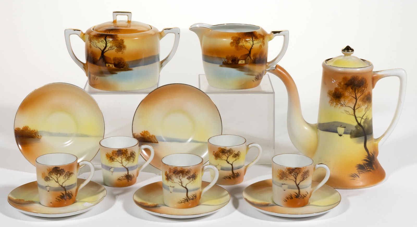 JAPANESE NORITAKE CHINA HAND-PAINTED TREE IN THE MEADOW AND OTHER 13-PIECE DEMITASSE SET (1 of 1)