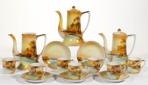 JAPANESE NORITAKE CHINA HAND-PAINTED TREE IN THE MEADOW COFFEE ARTICLES, LOT OF 15