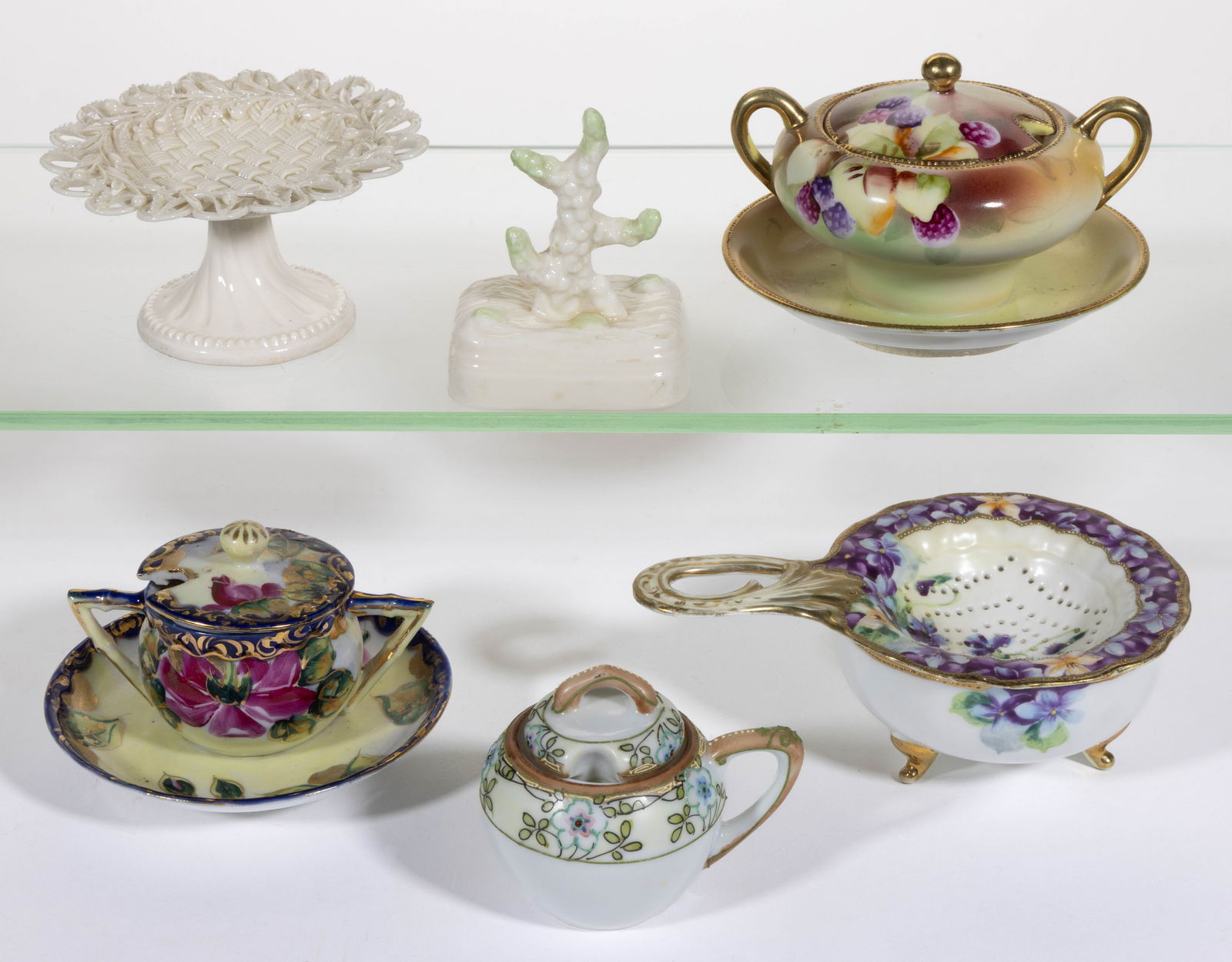 IRISH AND JAPANESE PORCELAIN ARTICLES, LOT OF SIX: IRISH AND JAPANESE PORCELAIN ARTICLES, LOT OF SIX, comprising two Belleek examples including a coral-form ring peg on a rectangular base with four arms, having green sixth mark to underside and a wove