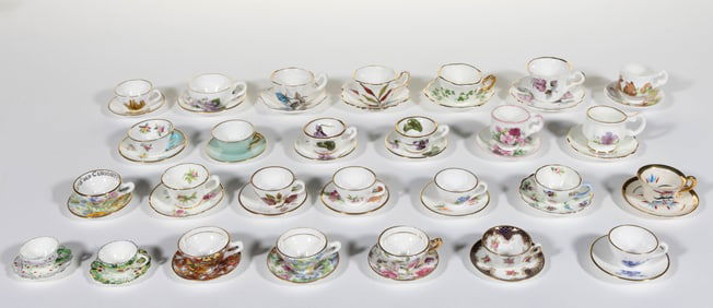 ASSORTED ENGLISH PORCELAIN MINIATURE CUP AND SAUCER SETS, LOT OF 27