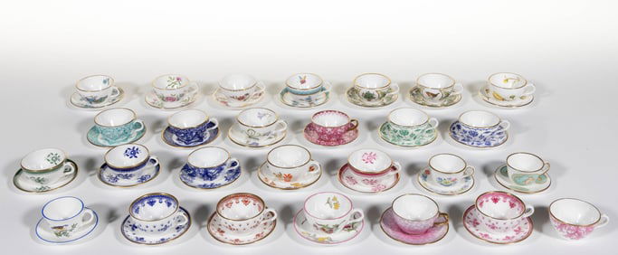 ENGLISH SPODE CHINA MINIATURE CUP AND SAUCER SETS, LOT OF 26