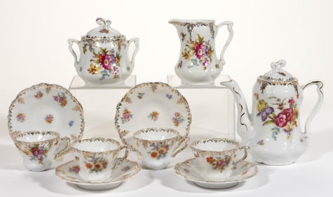 GERMANY PROV SAXE CHILDREN'S FLORAL MOTIF PORCELAIN 11-PIECE TEA SET