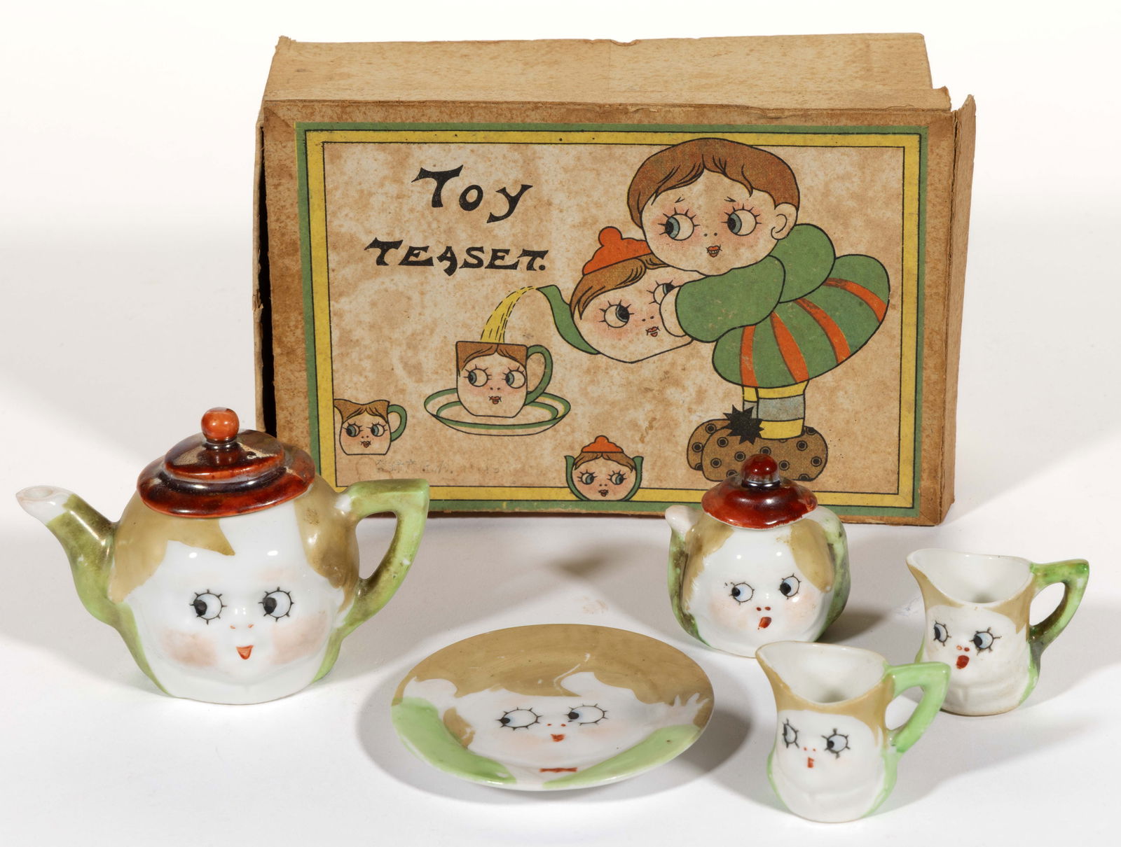 JAPANESE PORCELAIN HAND-PAINTED DOLL FACE CHILDREN'S TOY 5-PIECE TEA SET WITH ORIGINAL BOX (1 of 1)