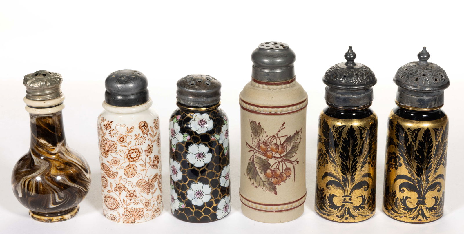 ENGLISH CERAMIC SALT / PEPPER SHAKERS, LOT OF SIX: ENGLISH CERAMIC SALT / PEPPER SHAKERS, LOT OF SIX, comprising one bottle-form example with marbleized slip decoration, one cylindrical stoneware example with beaded neck, shoulder and foot featuring t