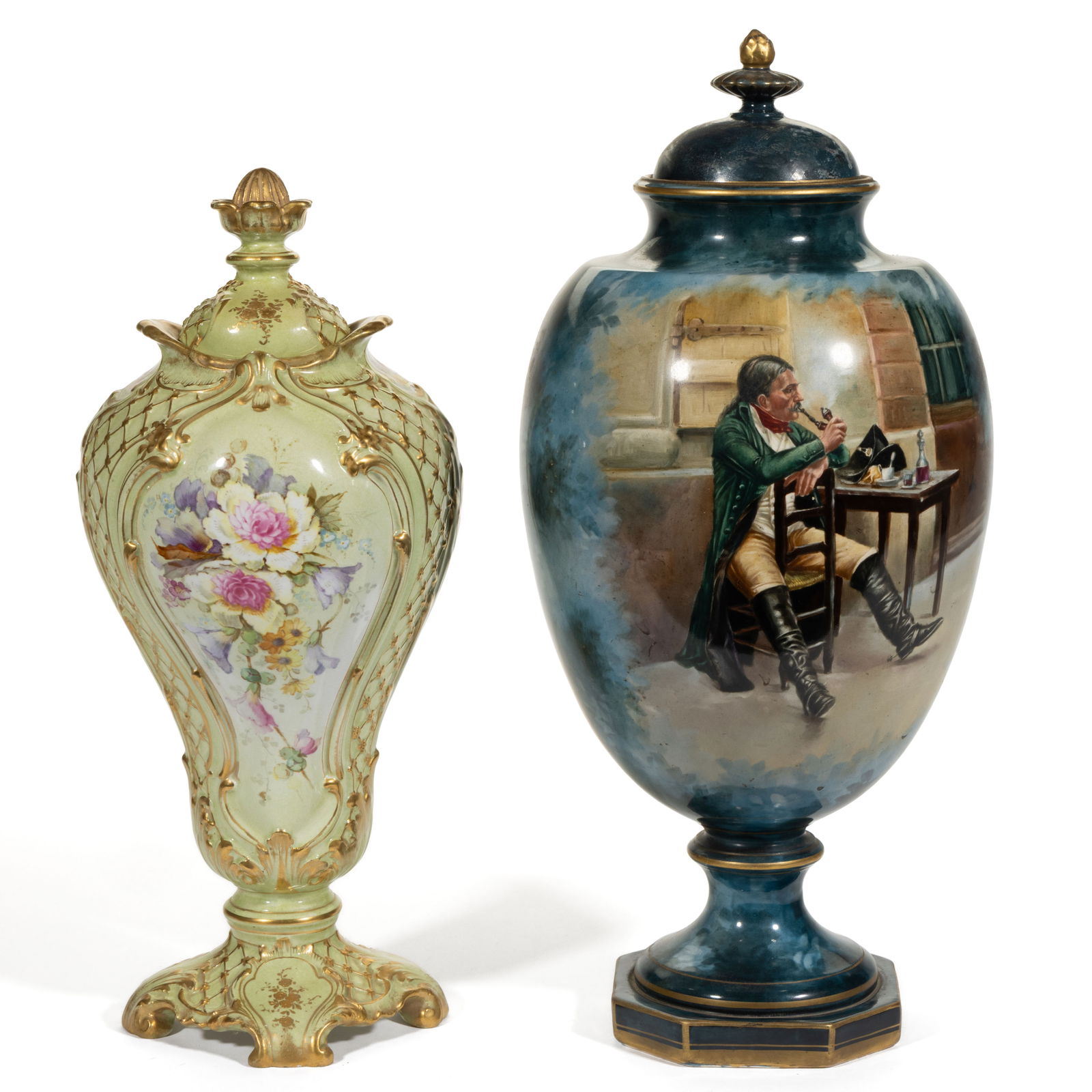 GERMAN ROYAL BONN CERAMIC COVERED URNS, LOT OF TWO (1 of 5)