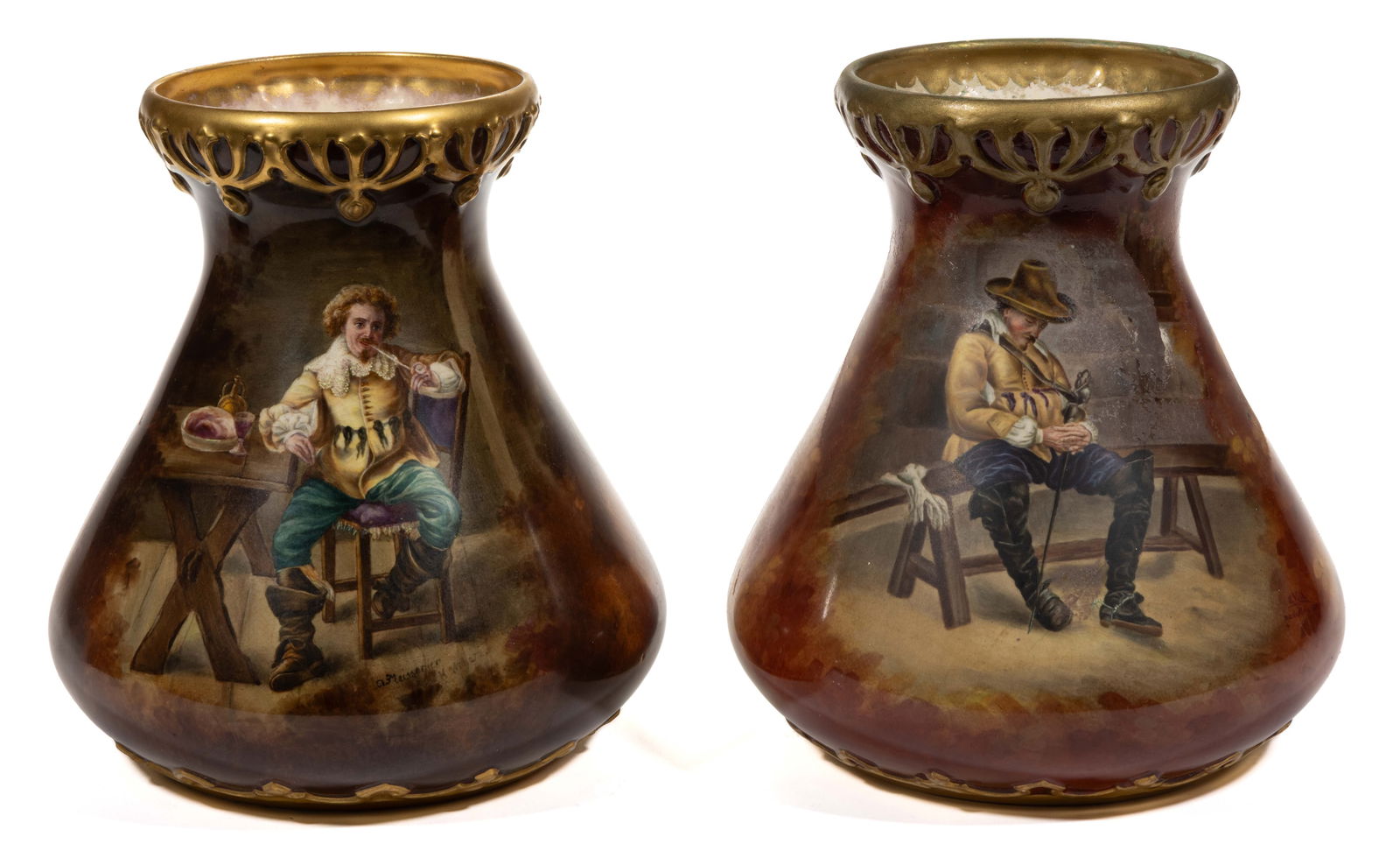 SIGNED GERMAN ROYAL BONN CERAMIC CAVALIER MOTIF VASE PAIR: SIGNED GERMAN ROYAL BONN CERAMIC CAVALIER MOTIF VASE PAIR, each of bell form with embossed gilt-painted rim and featuring a polychrome hand-painted figure, comprising one example depicting a sitting m