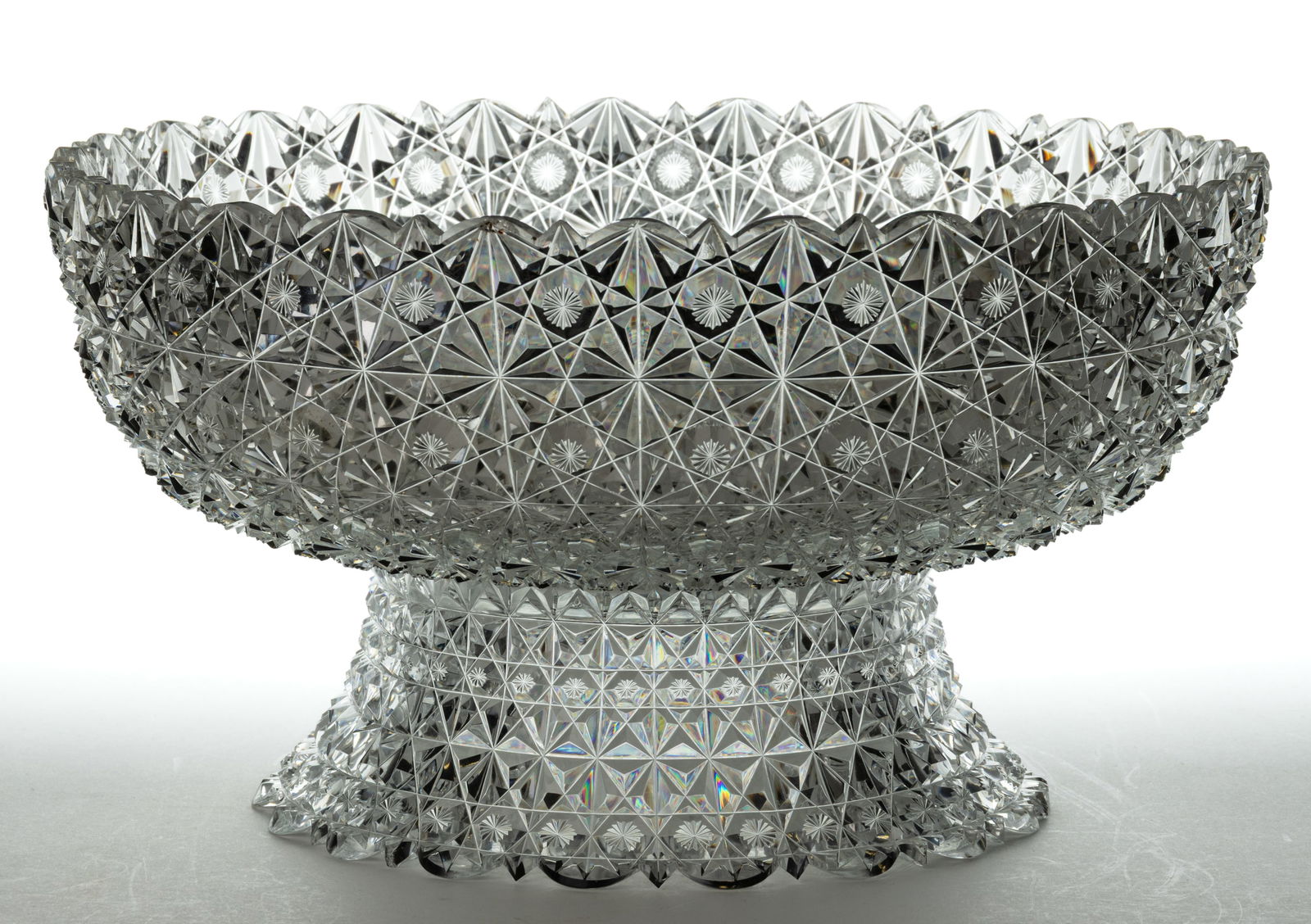 AMERICAN "RUSSIAN" PATTERN BRILLIANT CUT GLASS PUNCH BOWL AND STAND: AMERICAN "RUSSIAN" PATTERN BRILLIANT CUT GLASS PUNCH BOWL AND STAND, colorless, shallow bowl with a scallop-and-point rim, raised on a flaring stand having a conforming foot rim, unmark