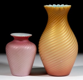STEVEN AND WILLIAMS SWIRLED AIR-TRAP MOTHER-OF-PEARL SATIN GLASS VASES, LOT OF TWO